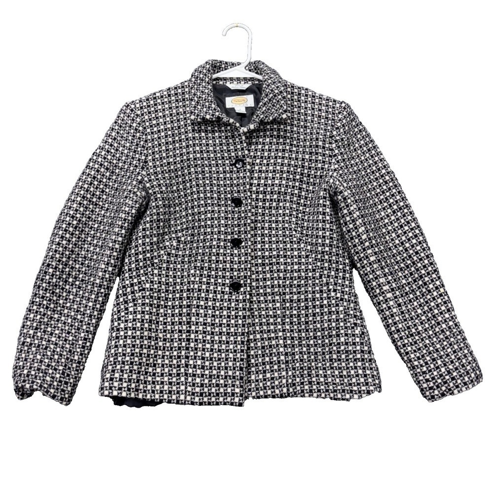 Talbots Jacket Womens Petite 4 Black White Tweed Wool Shell Button Front Classic